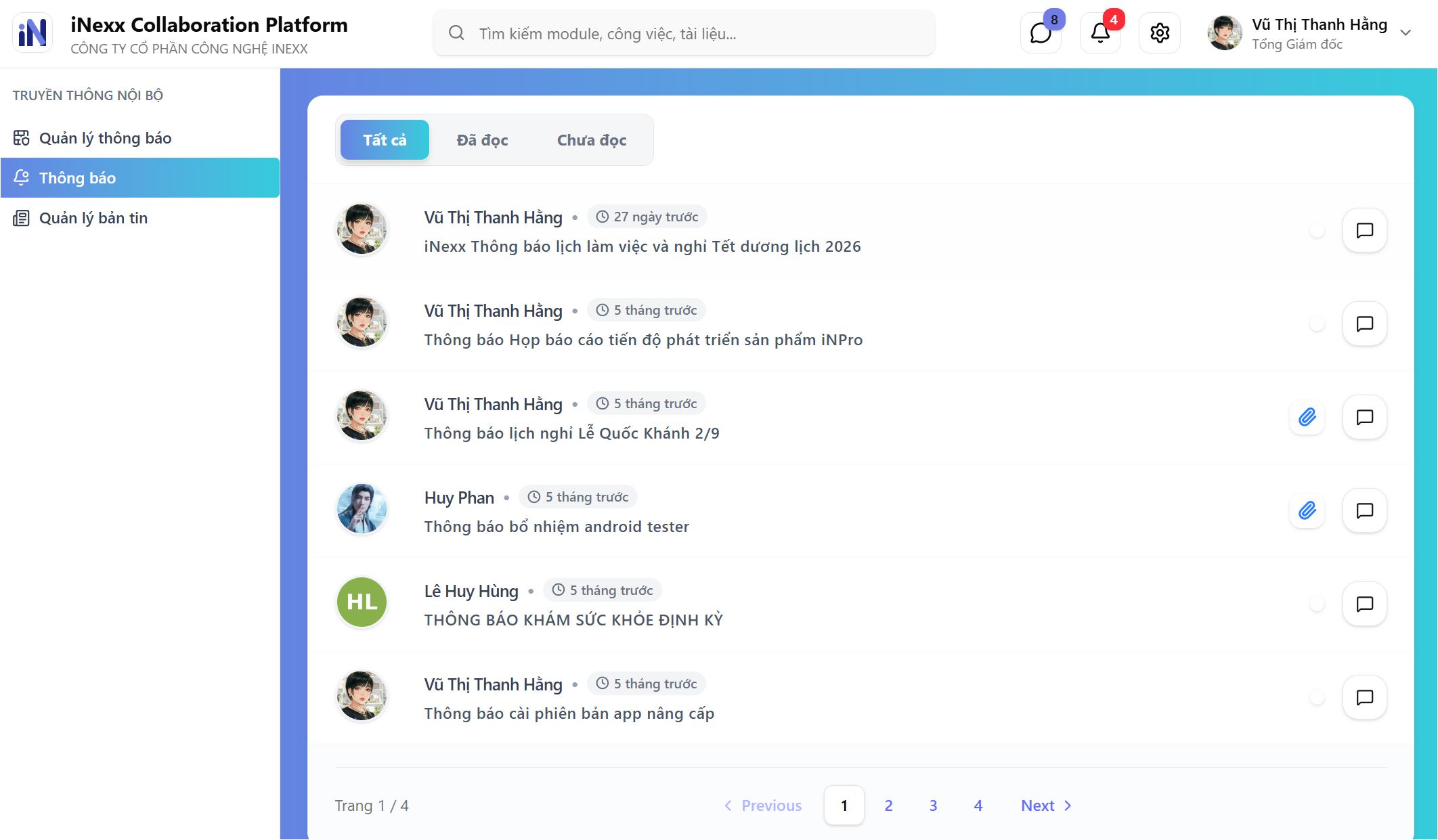 iNexxNotice - Danh sách thông báo
